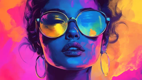 Neon portrait shows woman in reflective sunglasses and glow
