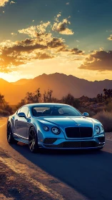 Sunlit grand tourer on desert highway at golden hour.