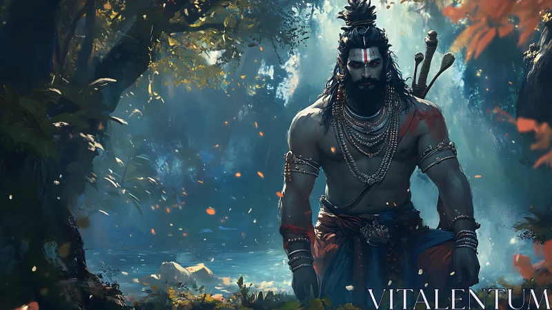 Warrior sage in ornate jewelry standing in forest clearing.