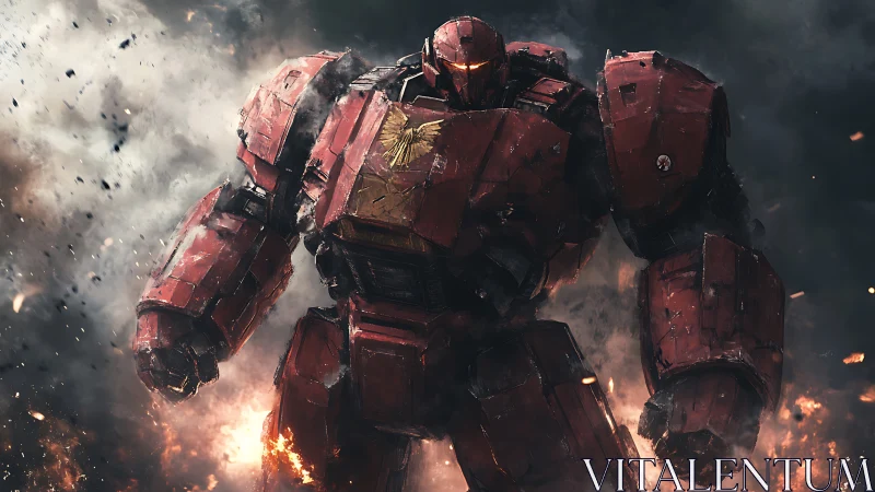 War-scarred red mech strides through explosive battlefield.