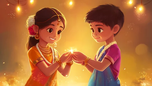Two Children in Traditional Indian Attire Celebrating Joyfully