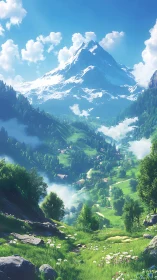 Sunlit alpine valley with snowcapped peak and scattered chalets