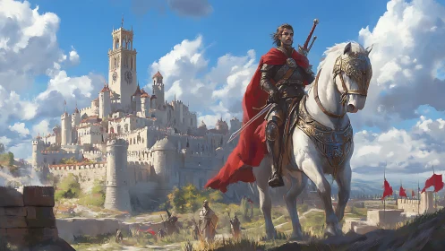 Armored knight on barded warhorse approaches fortified hill castle