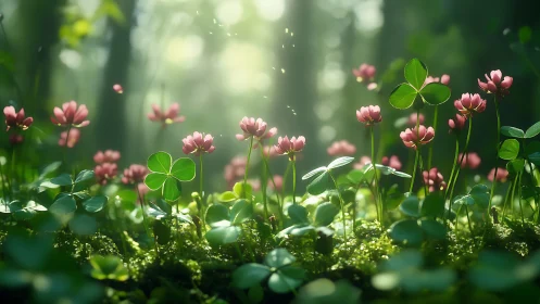 Clover leaves and pink forest flowers in soft morning light.
