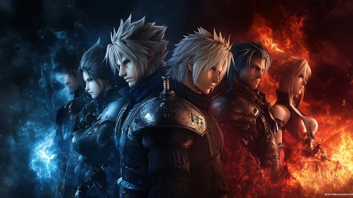 Fantasy warriors stand between blue energy and red fire