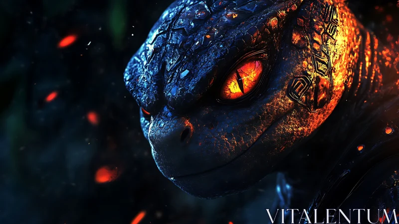 Fiery eyed reptilian creature with glowing scales closeup