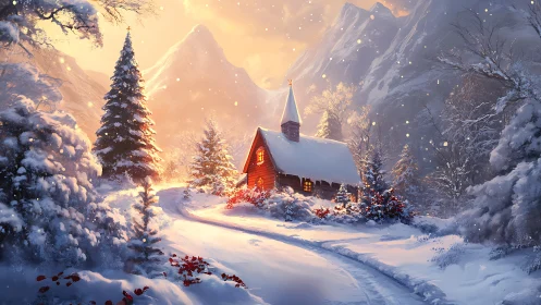 Snow covered chapel in mountain forest at sunset light.