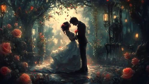 Romantic couple dancing in enchanted garden with roses and lanterns