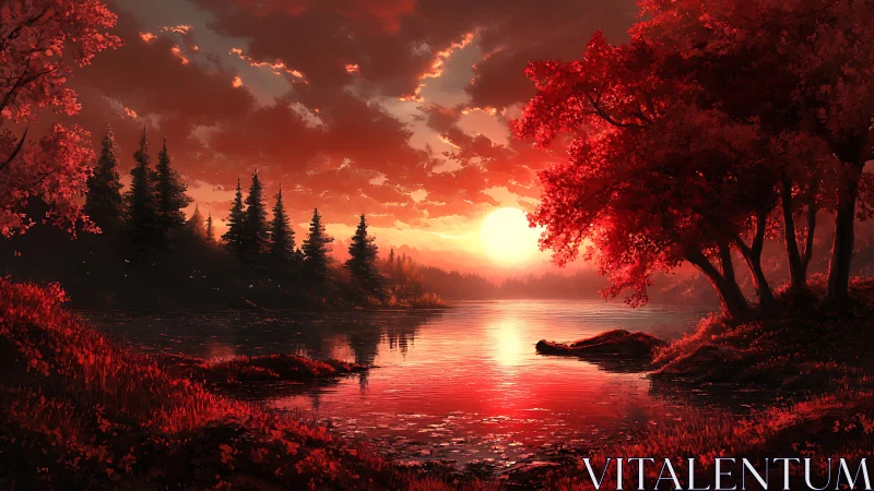 Crimson sunset river cradled by glowing autumn forest dream.