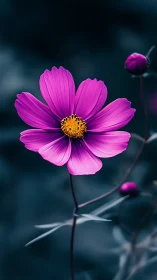 Magenta cosmos flower glows against deep teal bokeh.