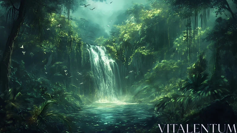 Mystical Jungle Waterfall with Luminous Canopy and Ethereal Light
