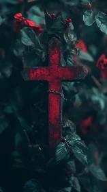 Weathered red metal cross entwined with dark teal rose foliage
