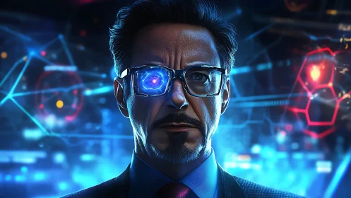 Cybernetic technologist in neon HUD interface, blue-red bokeh