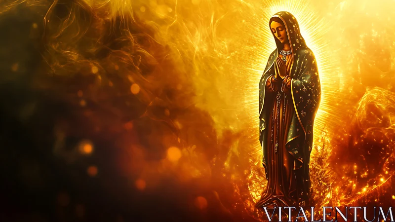 Glowing Marian statue rendered in high-contrast golden nebular light