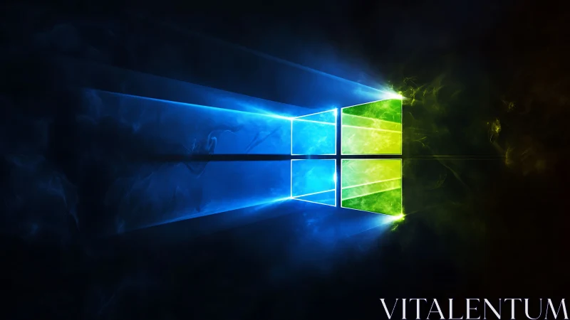 Glowing divided window logo with blue and green light beams.