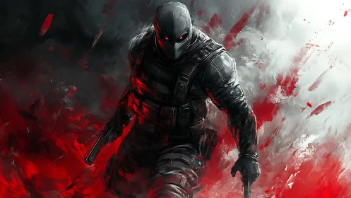 Armored operative advances through red-black abstract combat vortex