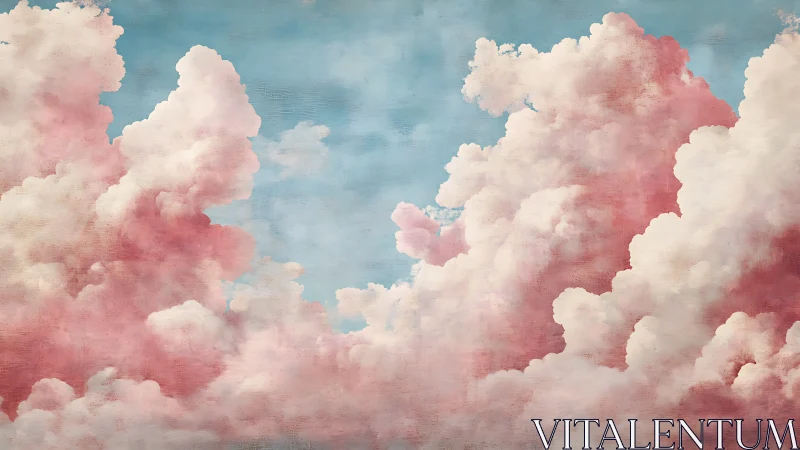 Pink and white cumulus cloud formations against blue sky.