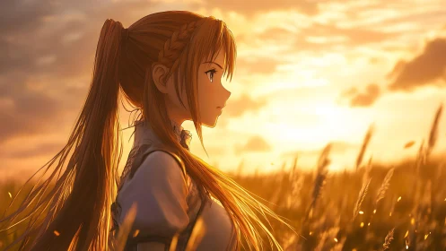 Golden hour breeze surrounds a thoughtful anime girl