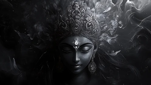 Divine monochrome goddess portrait with swirling cosmic aura.