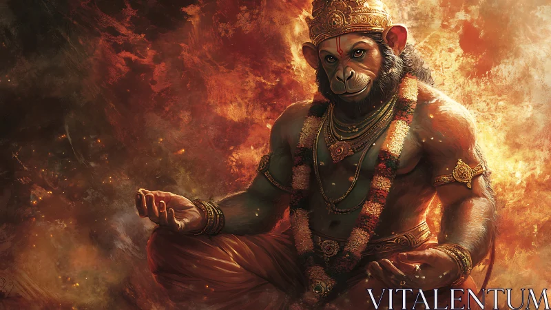 Fiery simian deity meditates within swirling molten light