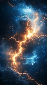 Electric storm rift splits glowing blue and amber clouds.