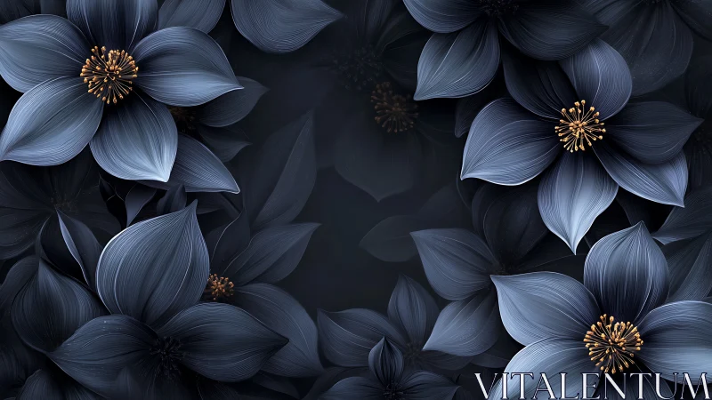 Ornate Blue Flowers with Golden Centers on Dark Background.