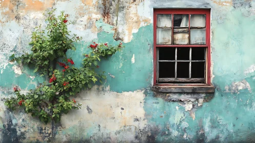Crumbling wall with red window frame and climbing plant.