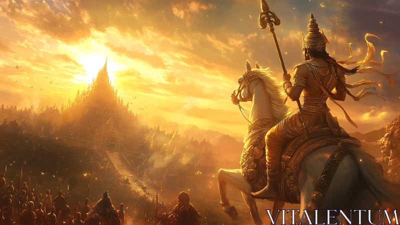 Golden armored rider surveying sunlit temple city.