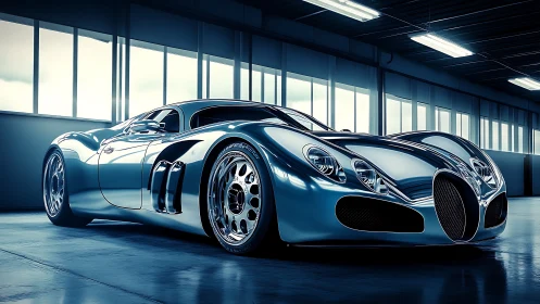 Futuristic chrome supercar in blue-tinted studio lighting.