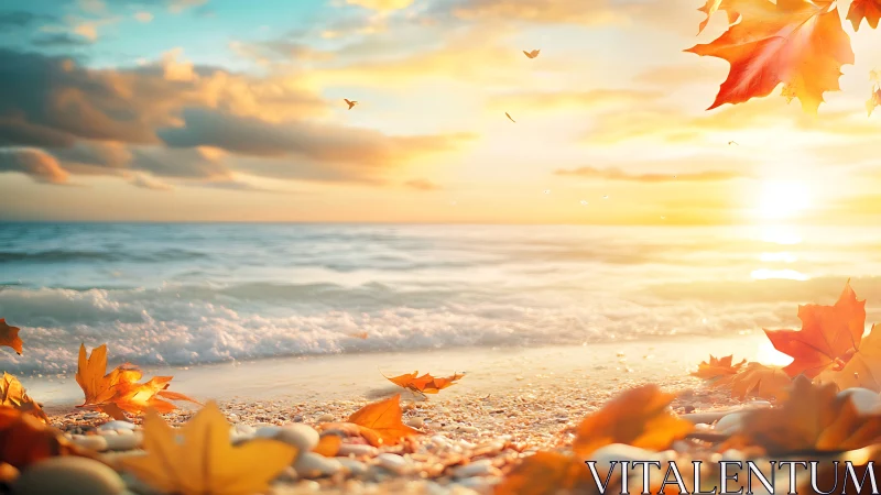 Autumn leaves scattered on bright sandy beach at sunset.