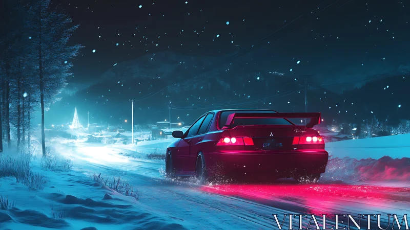 Neon-lit rally coupe on winter highway, cinematic digital rendering.