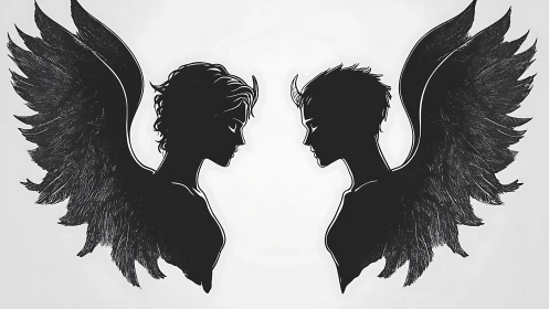 Silhouetted winged figures face each other in mirrored profiles