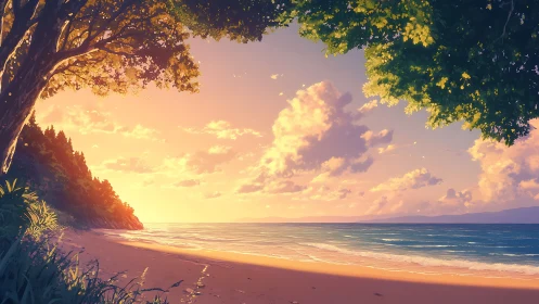 Coastal shoreline is illuminated by low-angle sunset light