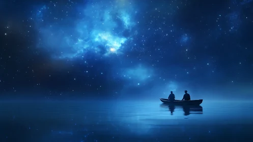 Starlit boat drifts under vast cosmic night sky reflection.