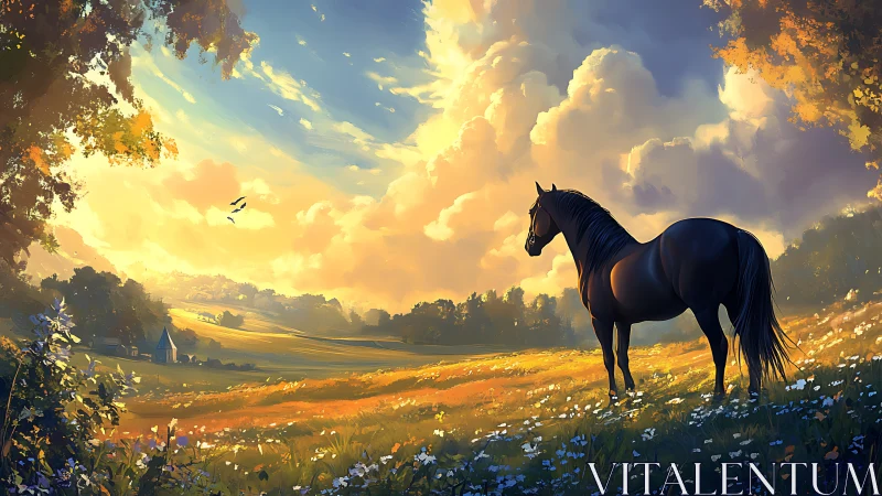 Sunlit meadow horse gazing over a dreamy golden valley.