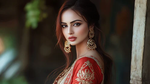 Digital portrait of woman in embroidered sari with ornate jewelry