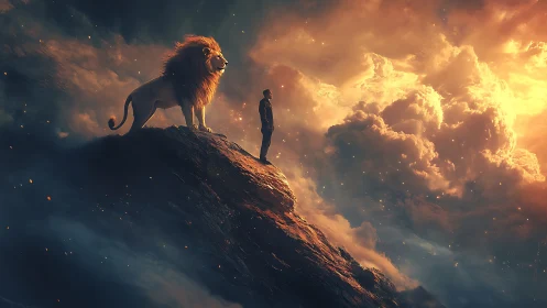 Man and lion share a glowing mountaintop moment at dawn.