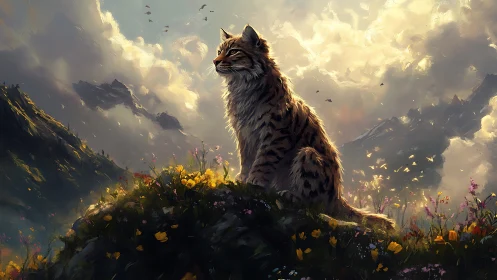 Digital painting of wild lynx on alpine ridge with luminous clouds.