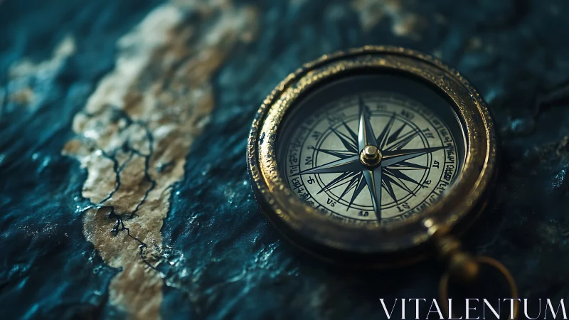 Antique brass compass rests on textured maritime navigation chart