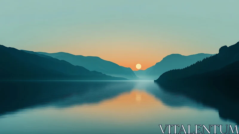 Minimalist teal mountains framing tranquil sunset lake horizon.