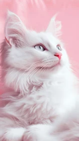 White Cat Against Soft Pink Background Portrait.