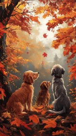 Trio of dogs beneath swirling autumn leaves in forest.