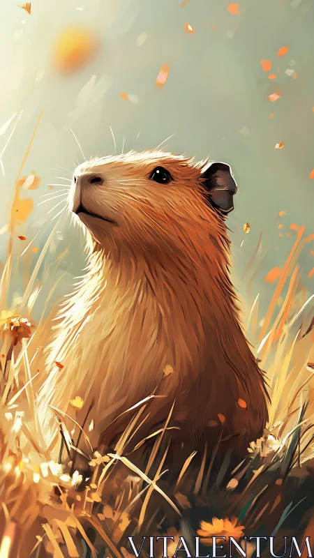 Sunlit capybara poised in glowing meadow grasses.