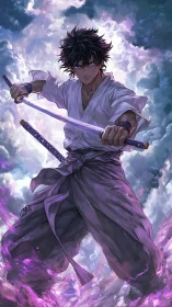 Swordsman stands amid clouds gripping twin glowing katanas.