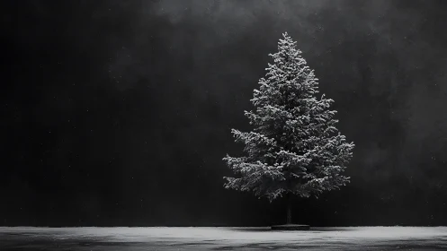 Snow covered conifer tree stands against dark empty background