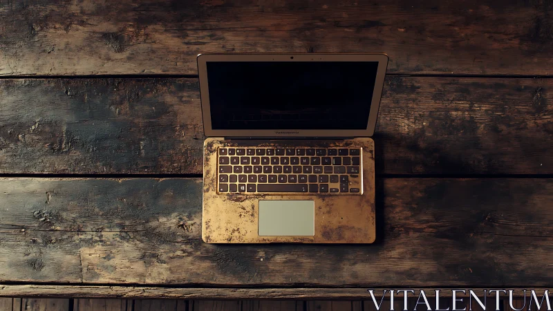 Weathered laptop on rustic wooden table, top-down composition.