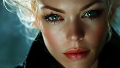 Intense teal-eyed portrait under cinematic soft lighting.