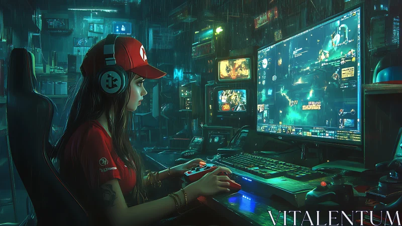 Cyberpunk gamer workstation in neon-lit streaming command hub.