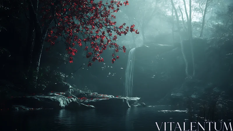 Misty Forest Sanctuary with Crimson Leaves.