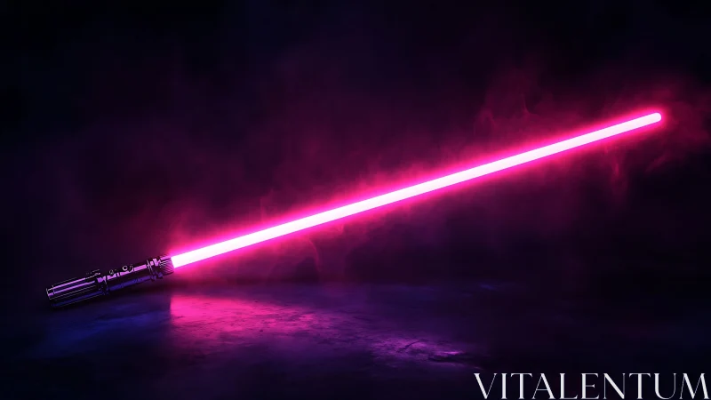 Neon saber humming over midnight vaporous starfloor.